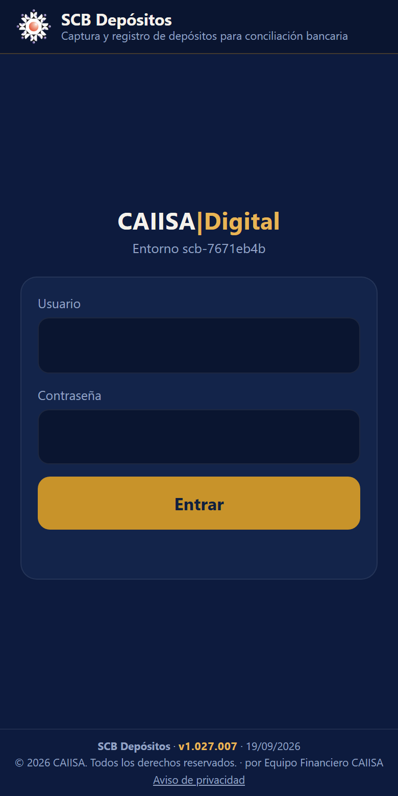 Pantalla de acceso de SCB Depósitos en un teléfono