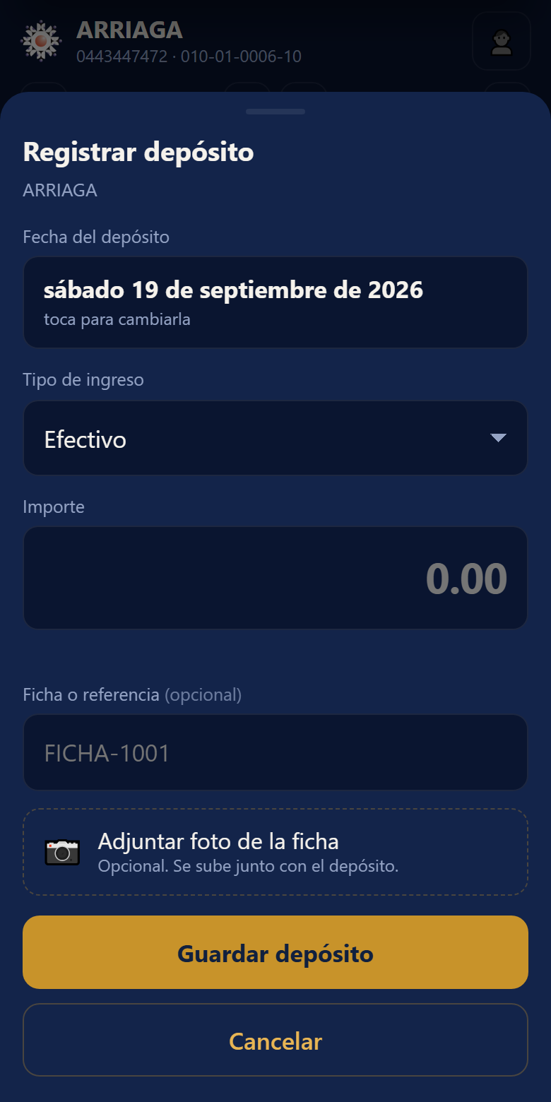 Formulario de alta de un depósito