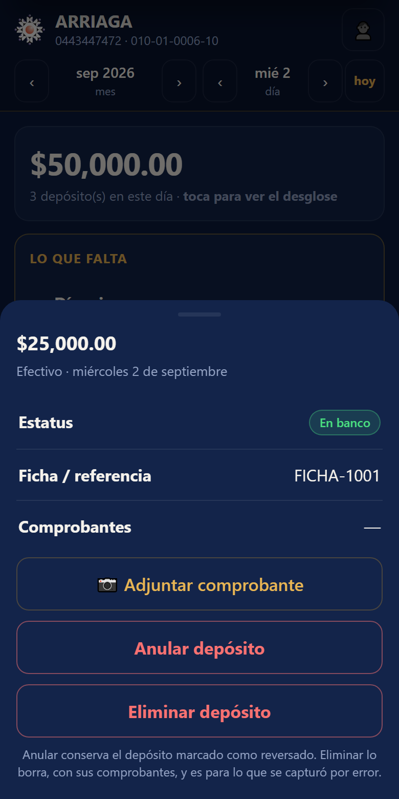 Detalle de un depósito, con anular y eliminar