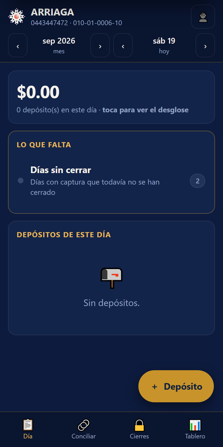 Pantalla del día: cabecera, franja de mes y día, total y depósitos